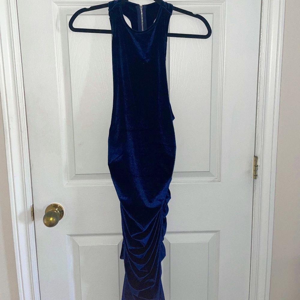 Blue Velvet Ruched Midi Dress